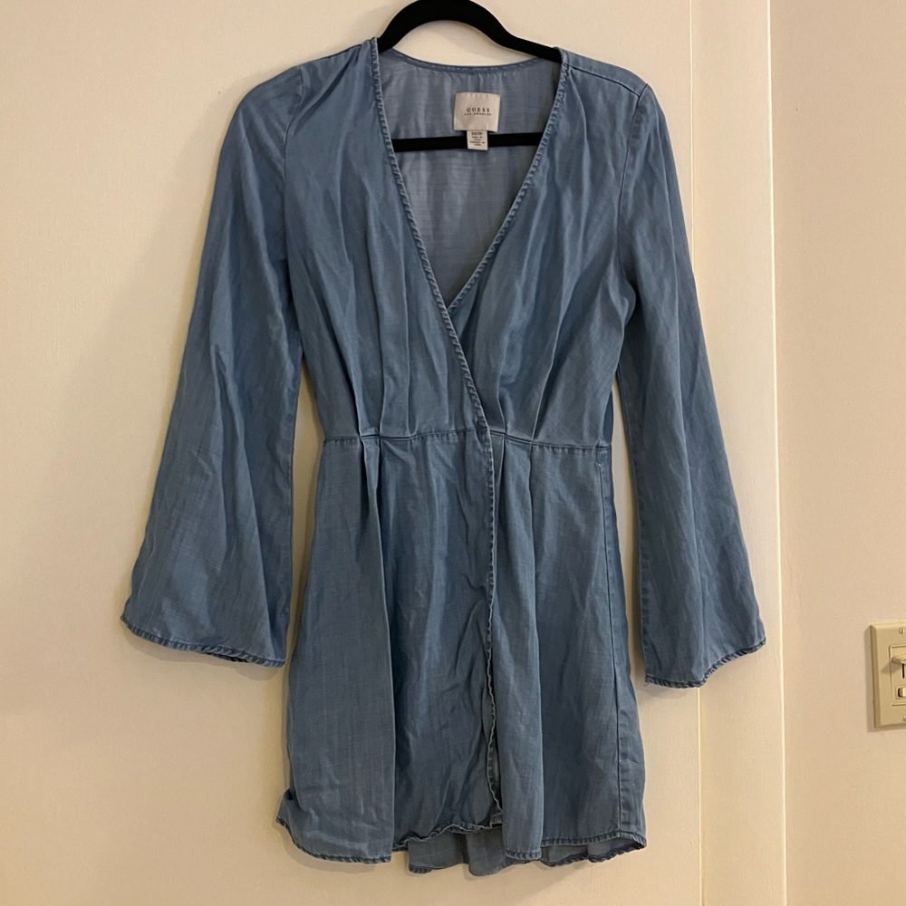 XS Guess Flared Denim Wrap Dress  V-Neck Bell Sleeve
